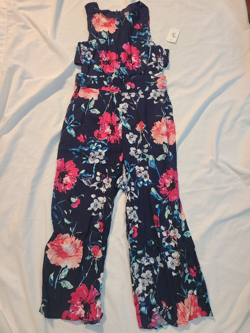 Crystal Doll Navy Floral Jumpsuit with Pink & Coral Blooms